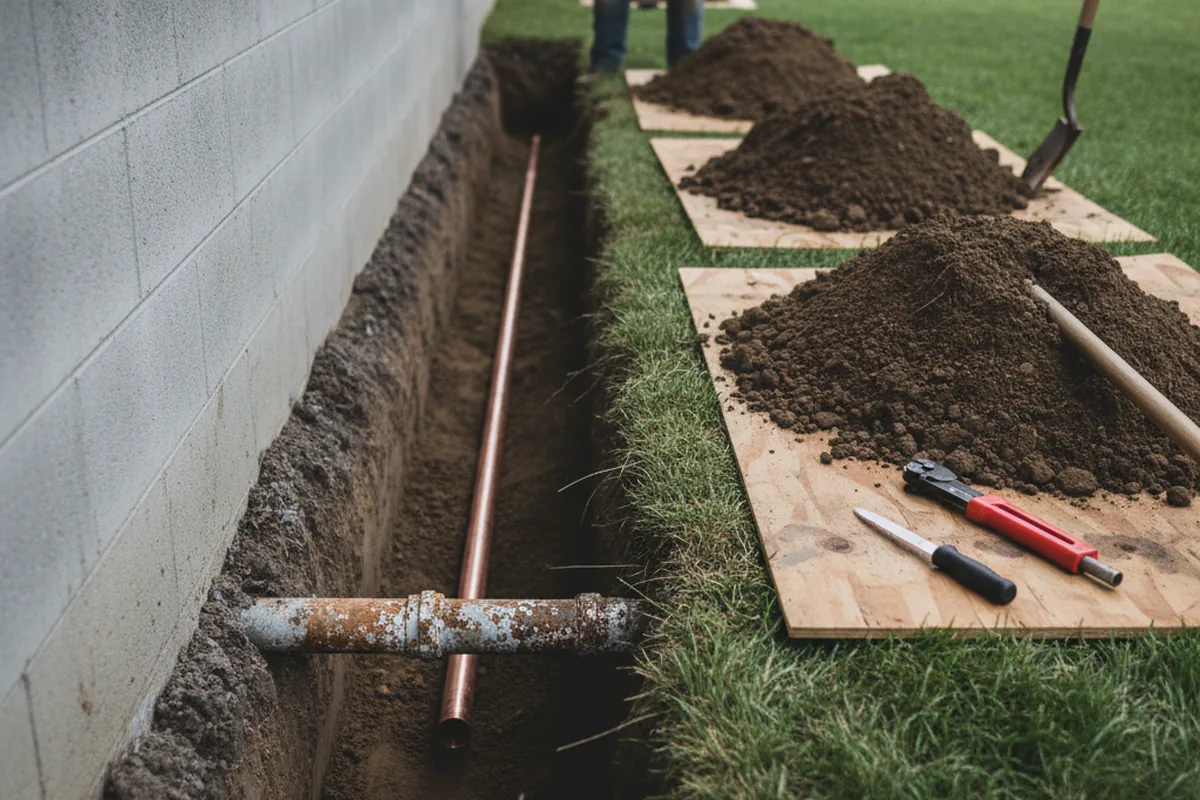 Excavated water line trench during Sewer Line Repair in Fairhaven